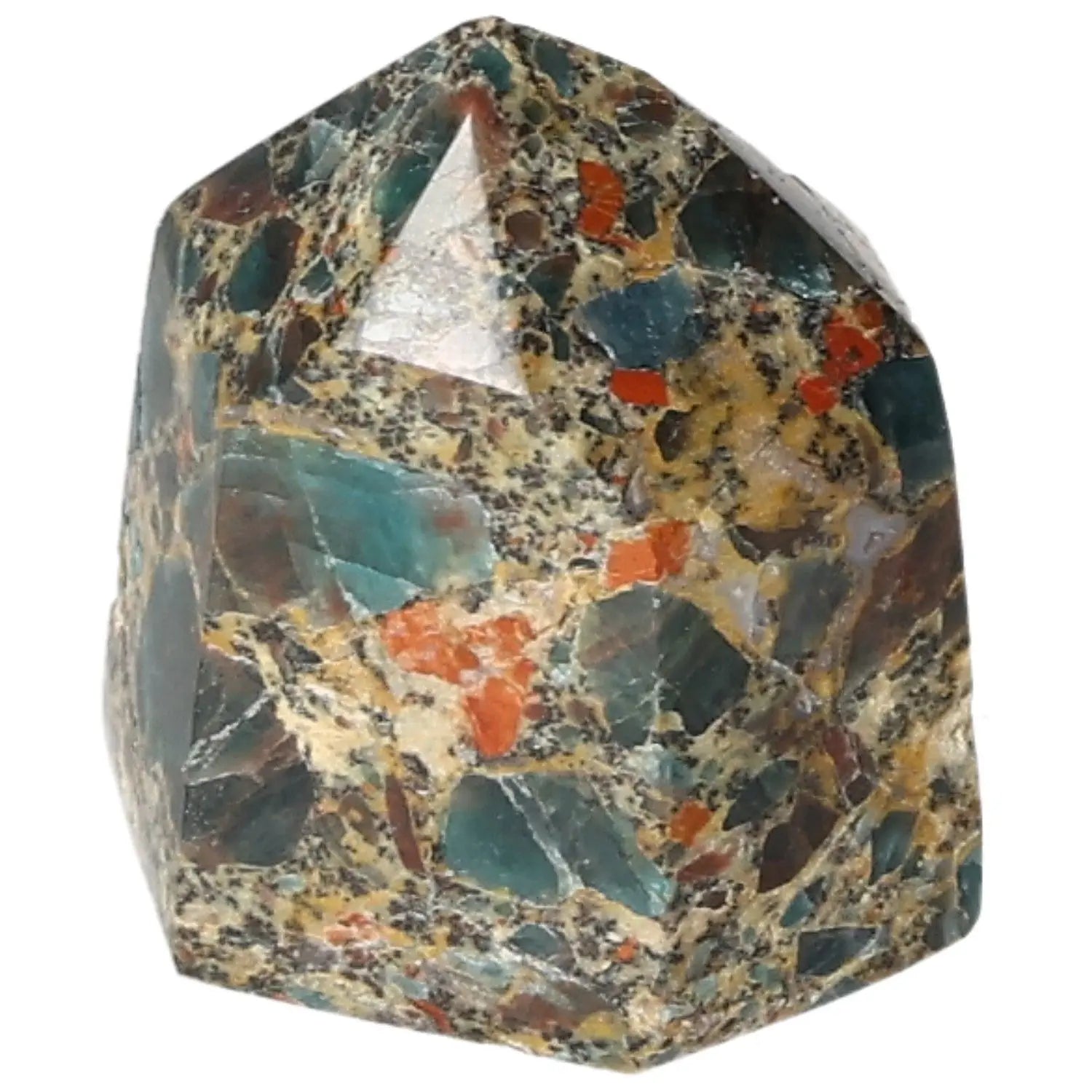 Multicolored stone obelisk featuring a blend of green, orange, and brown tones, showcasing intricate natural patterns.
