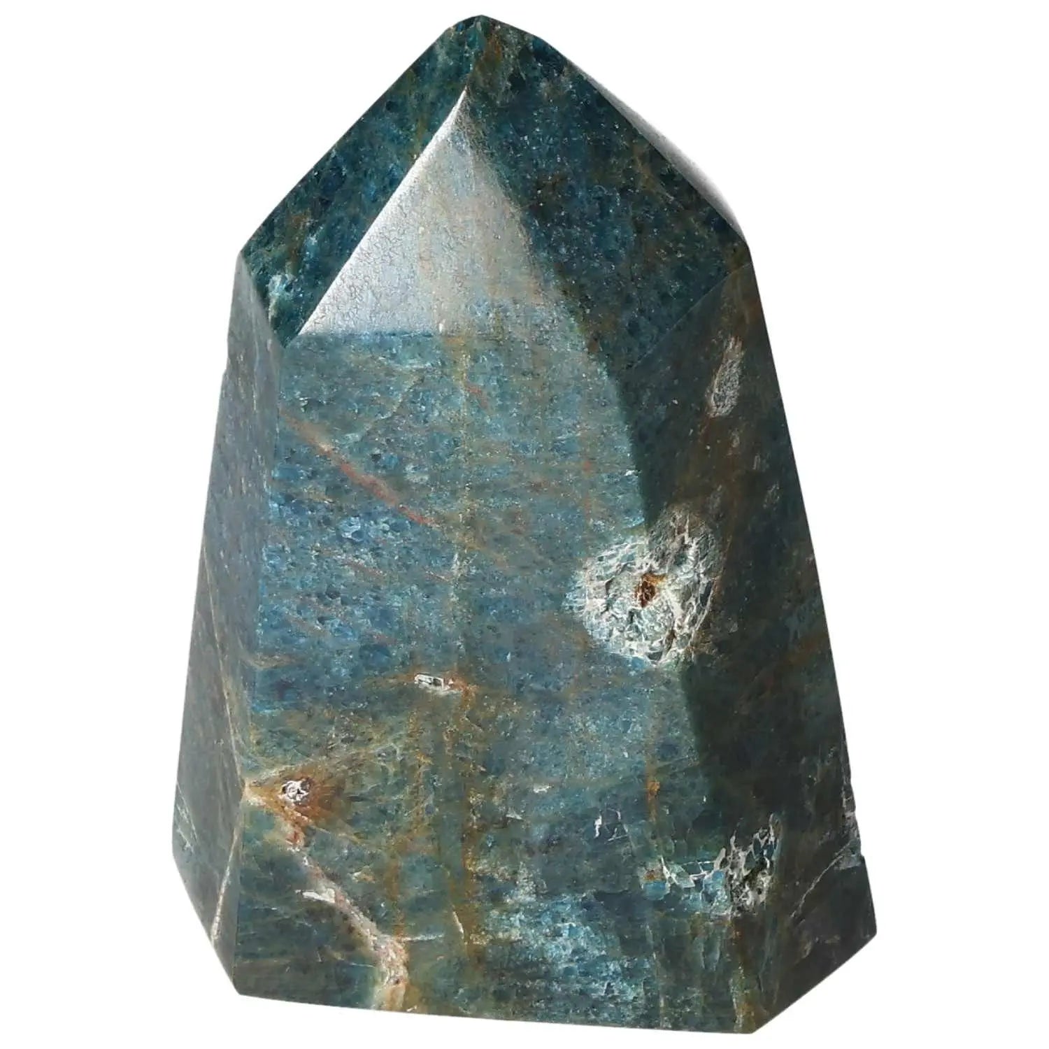 Apatite Obelisk by Sylvia Crystals, elegant decorative piece enhancing clarity and focus, natural blue gemstone.