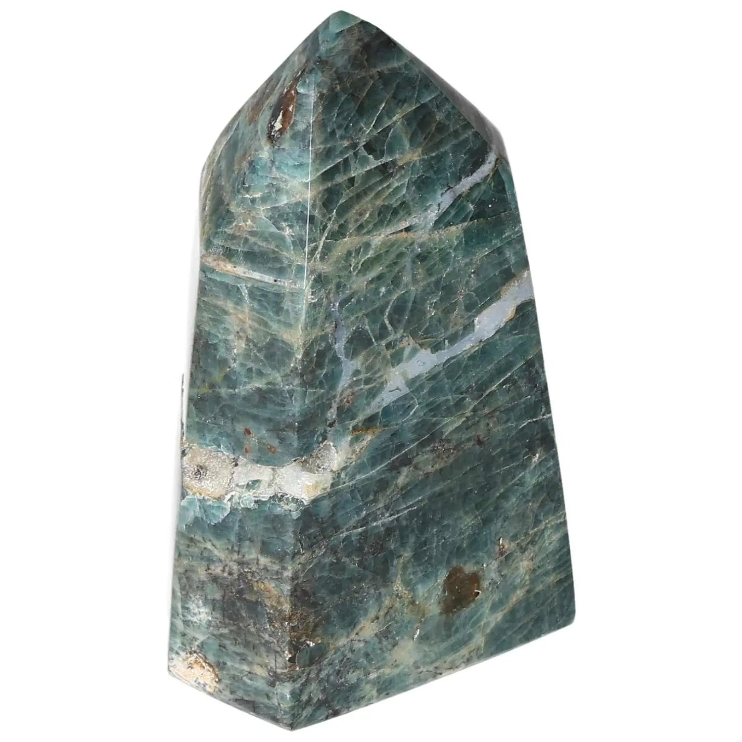 Apatite Obelisk from Sylvia Crystals, showcasing vibrant blue-green hues and exceptional clarity, perfect for luxury and spiritual decor.