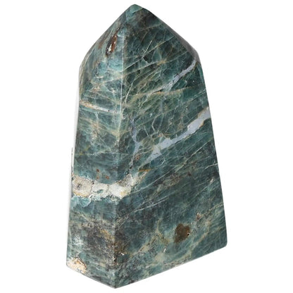 Apatite Obelisk from Sylvia Crystals, showcasing vibrant blue-green hues and exceptional clarity, perfect for luxury and spiritual decor.