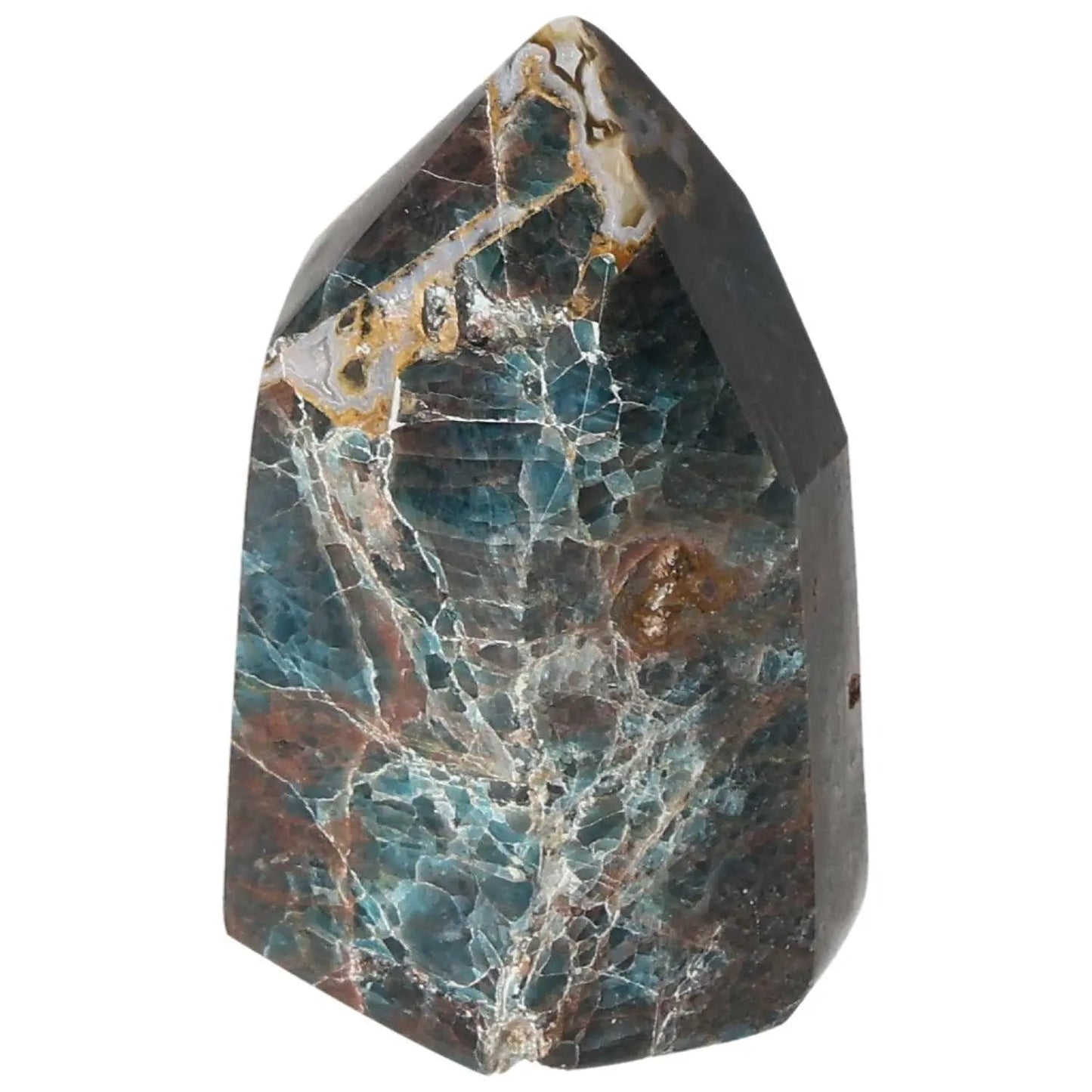 Apatite Obelisk with vibrant blue hues for energy alignment, meditation, and decor, from Sylvia Crystals' collection.