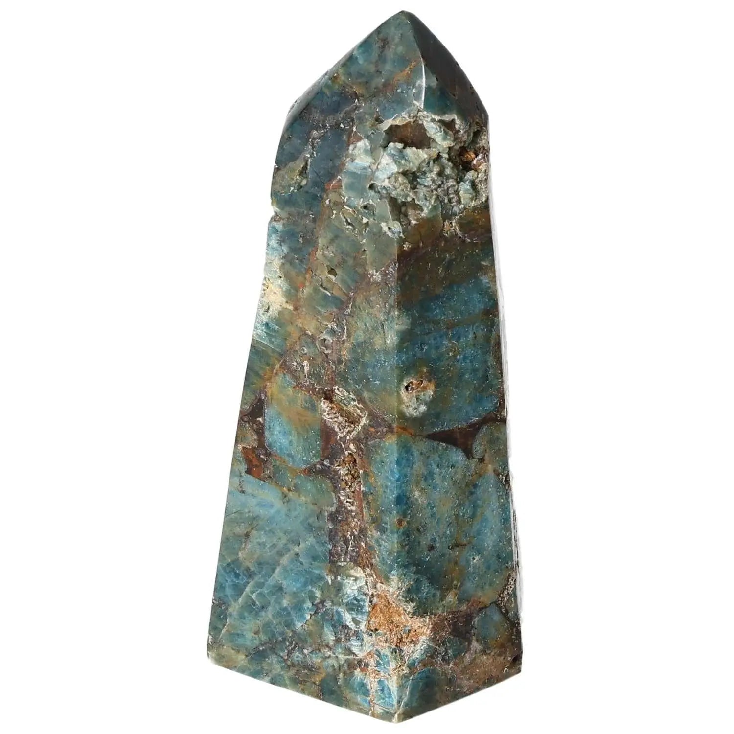 Apatite Obelisk by Sylvia Crystals, showcasing natural elegance and spiritual depth in blue and earthy tones.