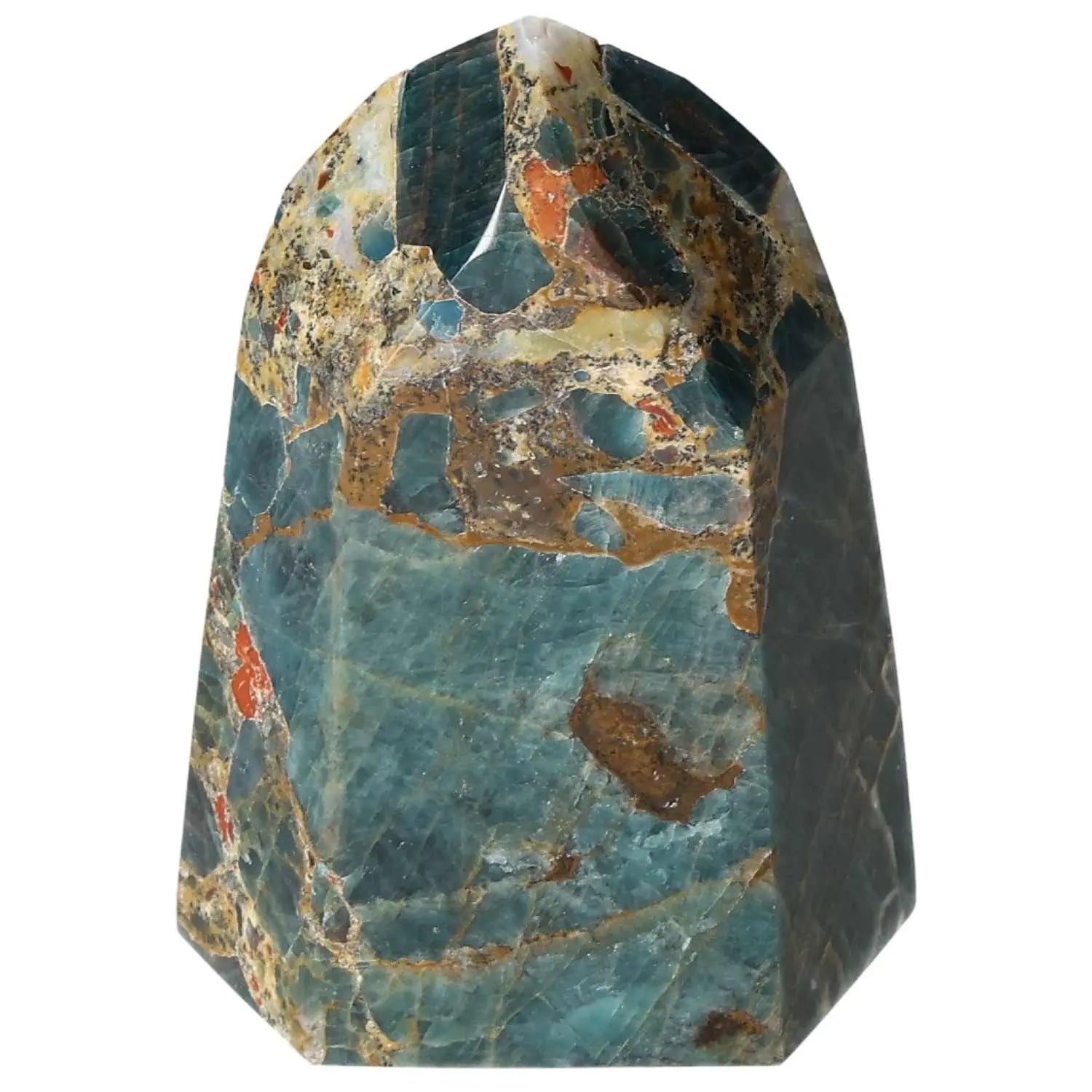 Apatite Obelisk by Sylvia Crystals, showcasing vibrant blue and earth tones, symbolizing harmony between spirit and matter.