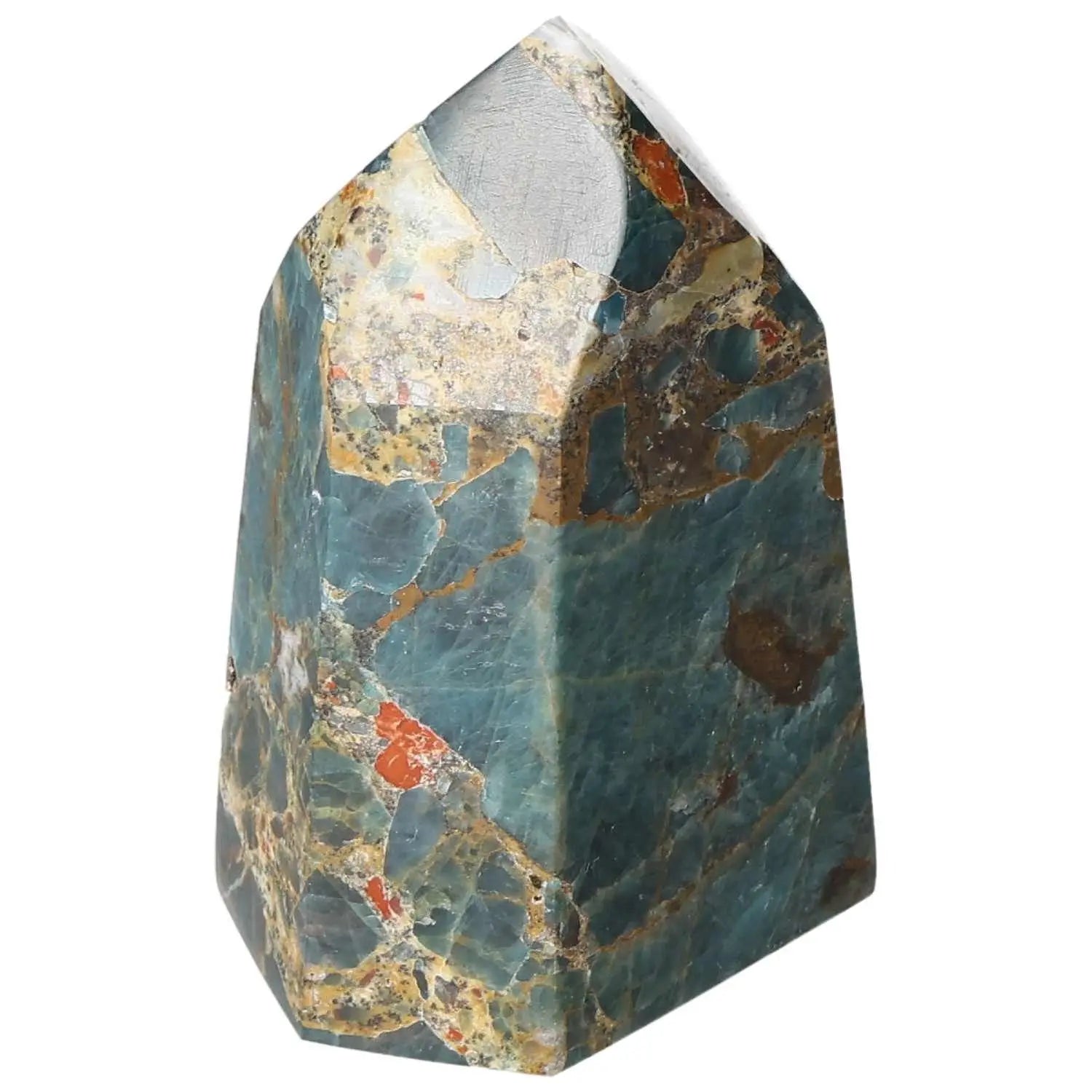 Apatite Obelisk by Sylvia Crystals, showcasing vibrant colors and unique patterns, symbolizing harmony between spirit and matter.