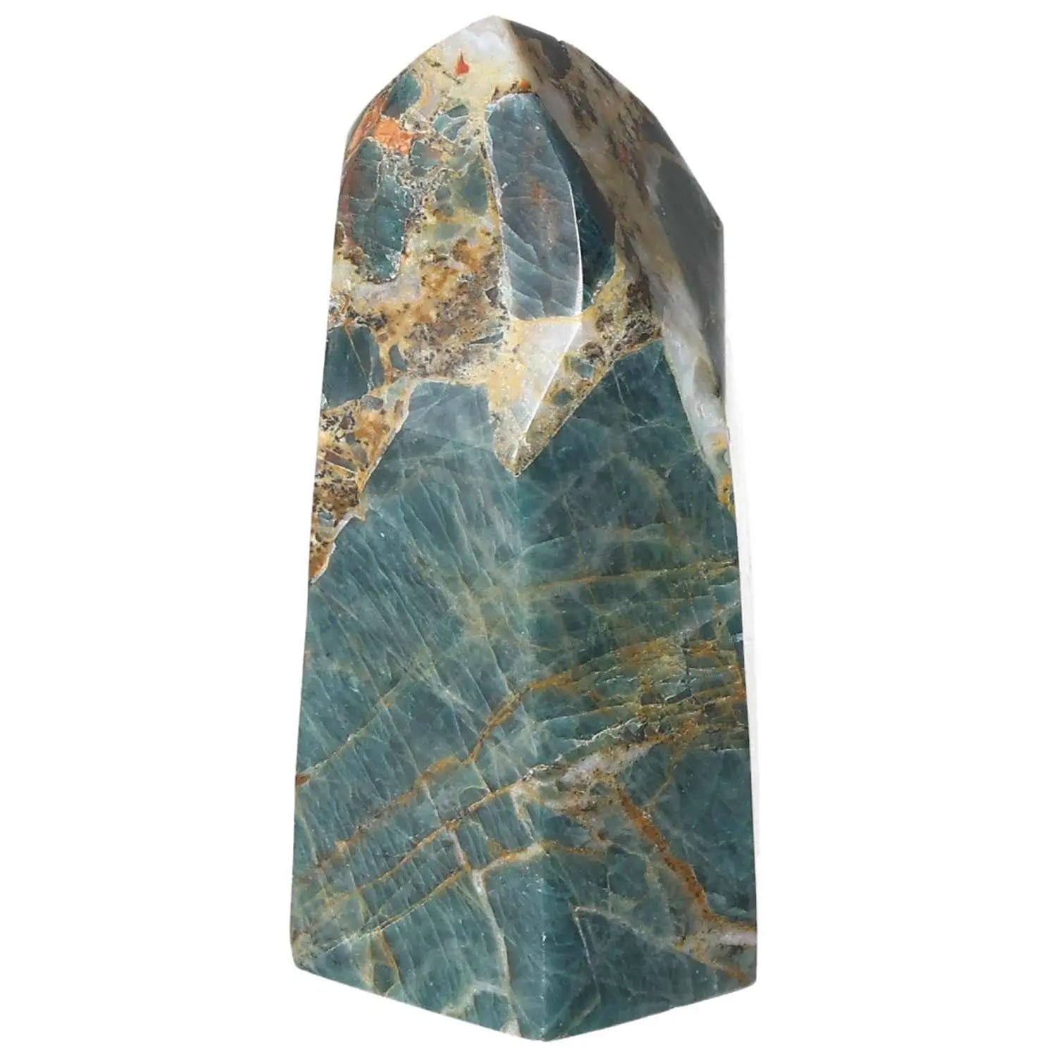 Apatite Obelisk by Sylvia Crystals, symbolizing spiritual harmony, with a textured surface in blue and gold hues.