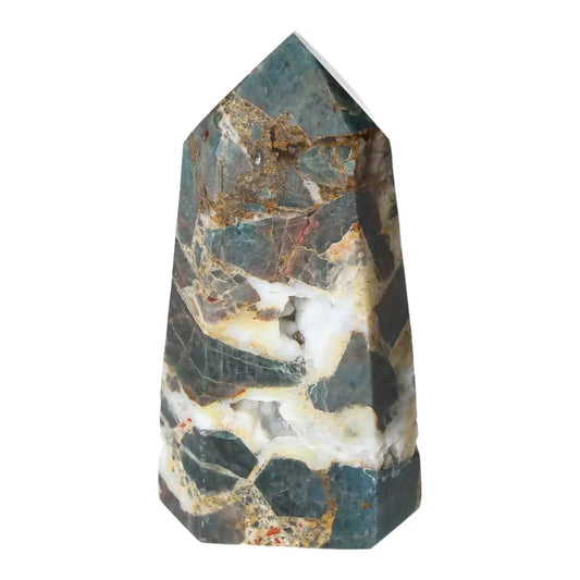 Apatite Obelisk by Sylvia Crystals, showcasing its mesmerizing blue hues and natural patterns. Renowned for quality and spiritual significance.