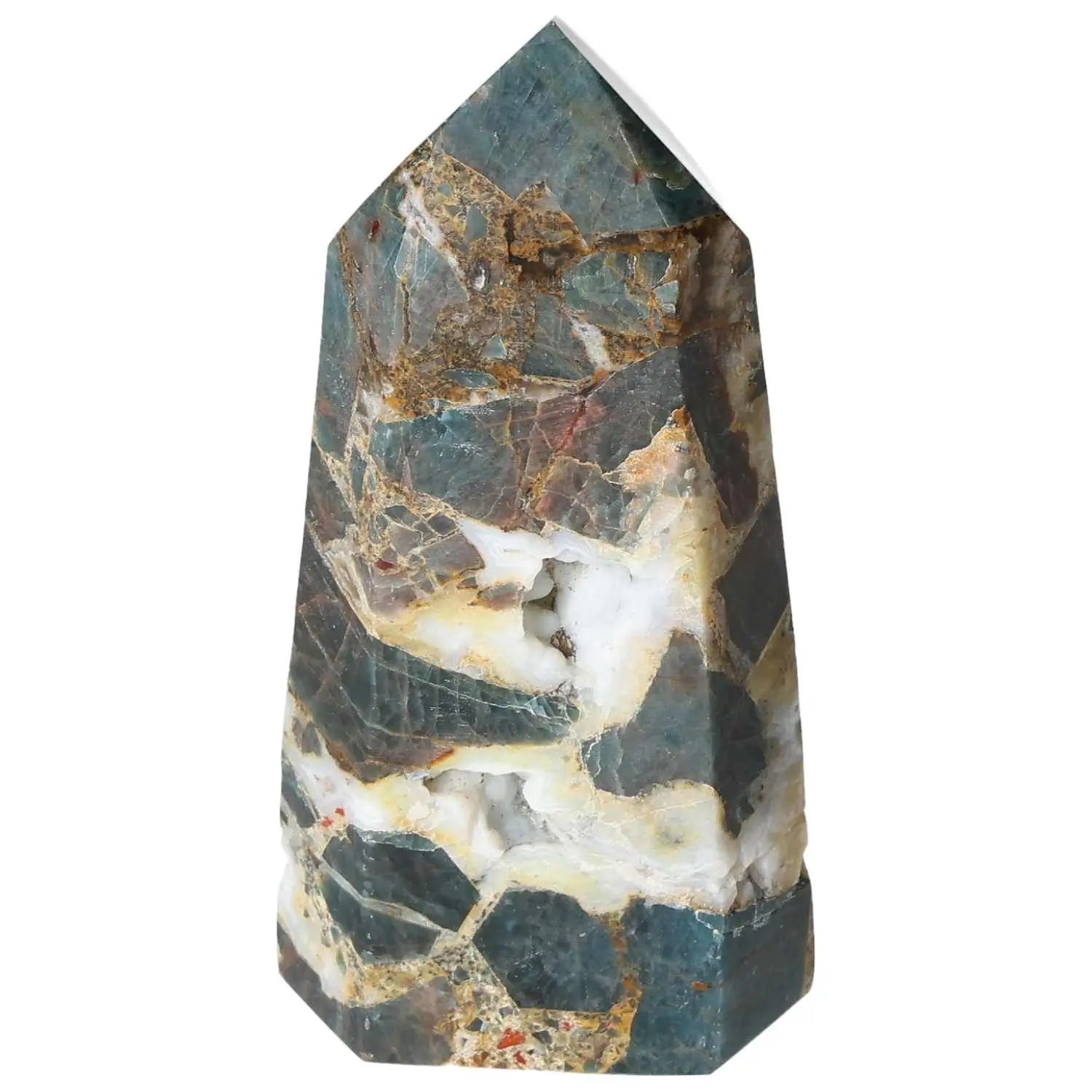 Apatite Obelisk from Sylvia Crystals, showcasing vibrant blue hues and intricate patterns, symbolizing luxury and spiritual connection.