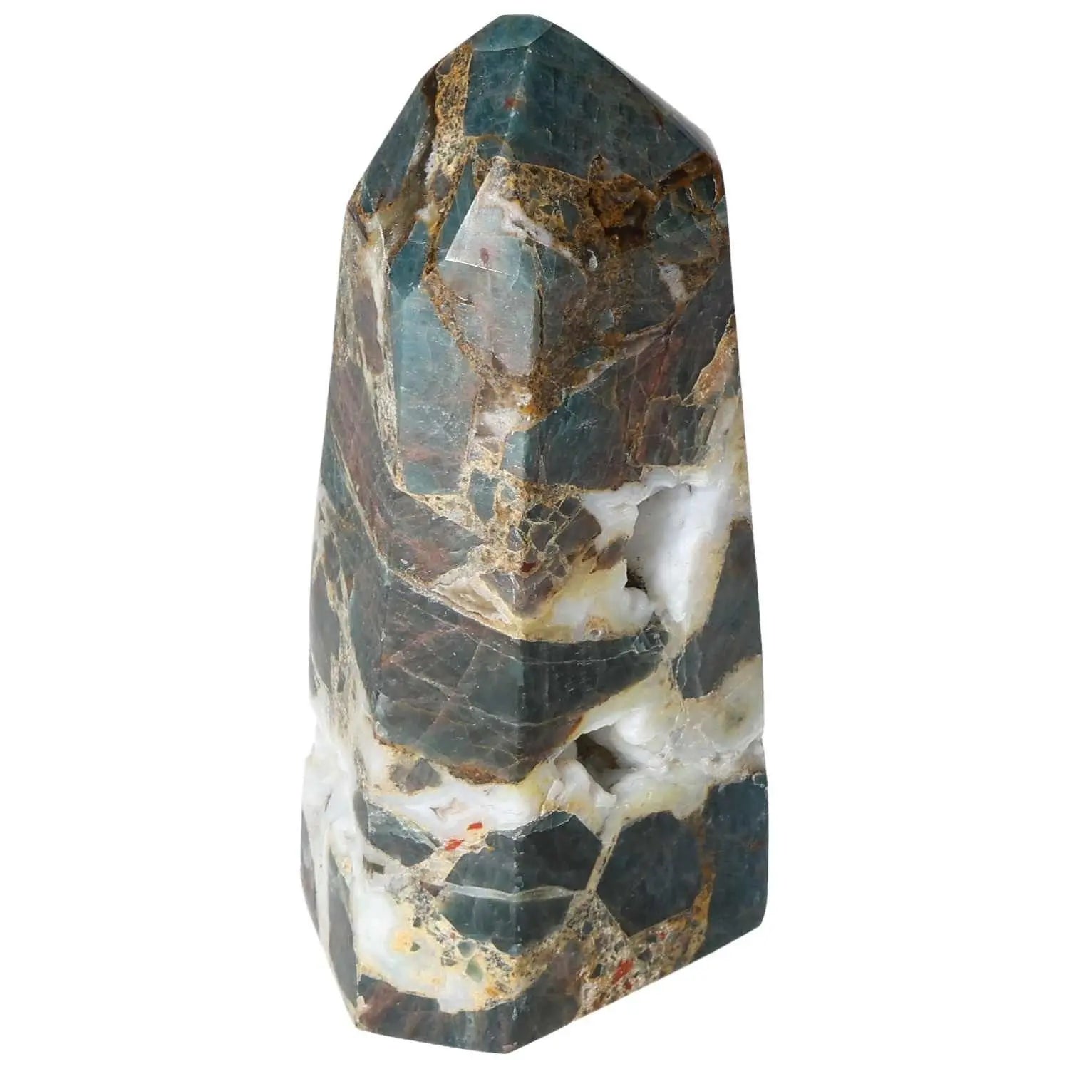 Apatite Obelisk from Sylvia Crystals, showcasing exquisite blue hues and spiritual significance in a luxury handcrafted design.