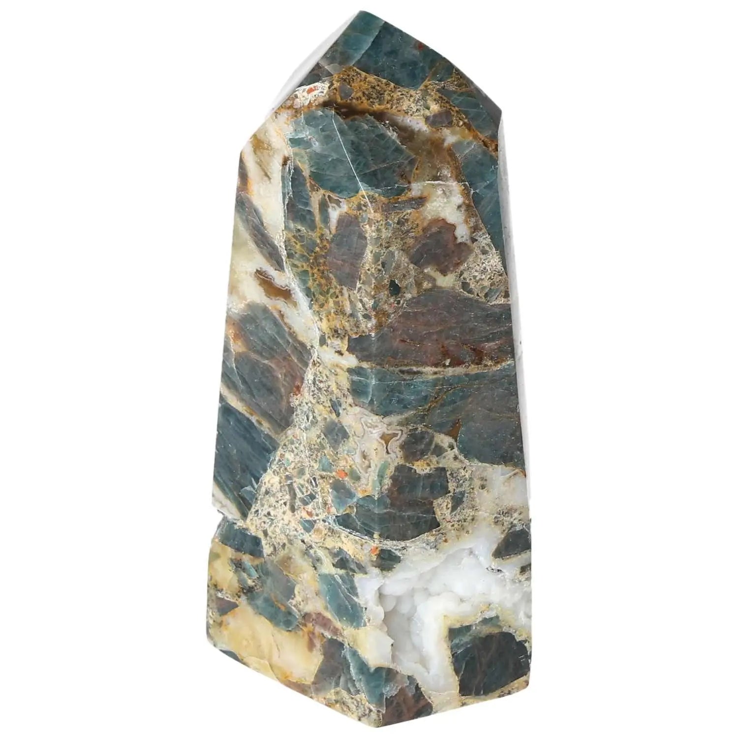 Apatite Obelisk from Sylvia Crystals showcasing vibrant blue hues, representing quality and spiritual elegance. Handcrafted luxury crystal.