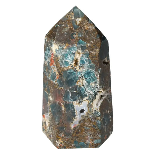 Apatite Obelisk by Sylvia Crystals, showcasing vibrant colors and intricate patterns, symbolizing harmony and luxury.