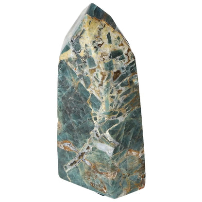 Apatite Obelisk from Sylvia Crystals, showcasing its intricate patterns and premium quality, symbolizing harmony of spirit and matter.