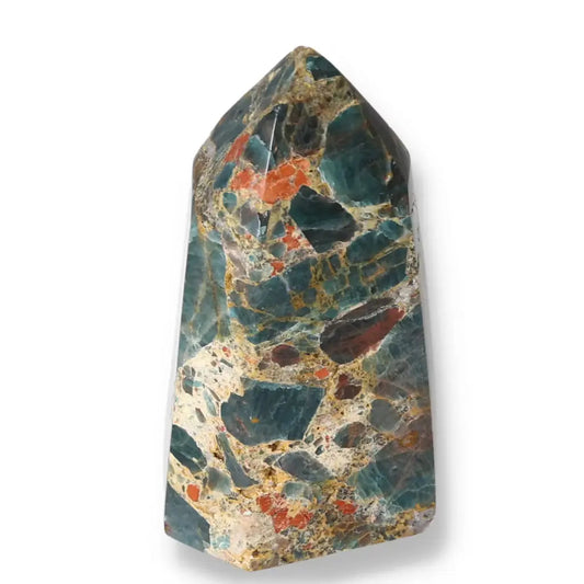 Apatite Obelisk from Sylvia Crystals displaying vibrant blue hues; a luxury decorative piece and source of positive energy.