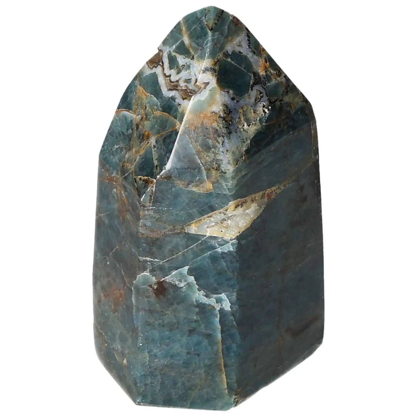 Apatite Obelisk from Sylvia Crystals, showcasing blue hues and premium craftsmanship for harmony and spiritual enlightenment.