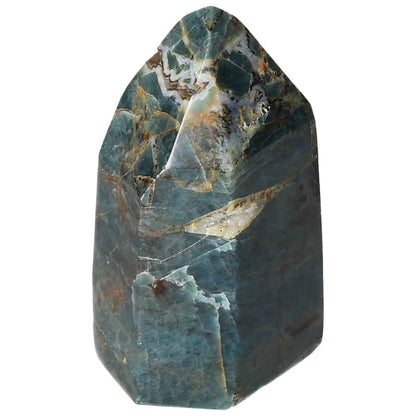 Apatite Obelisk from Sylvia Crystals, showcasing blue hues and premium craftsmanship for harmony and spiritual enlightenment.
