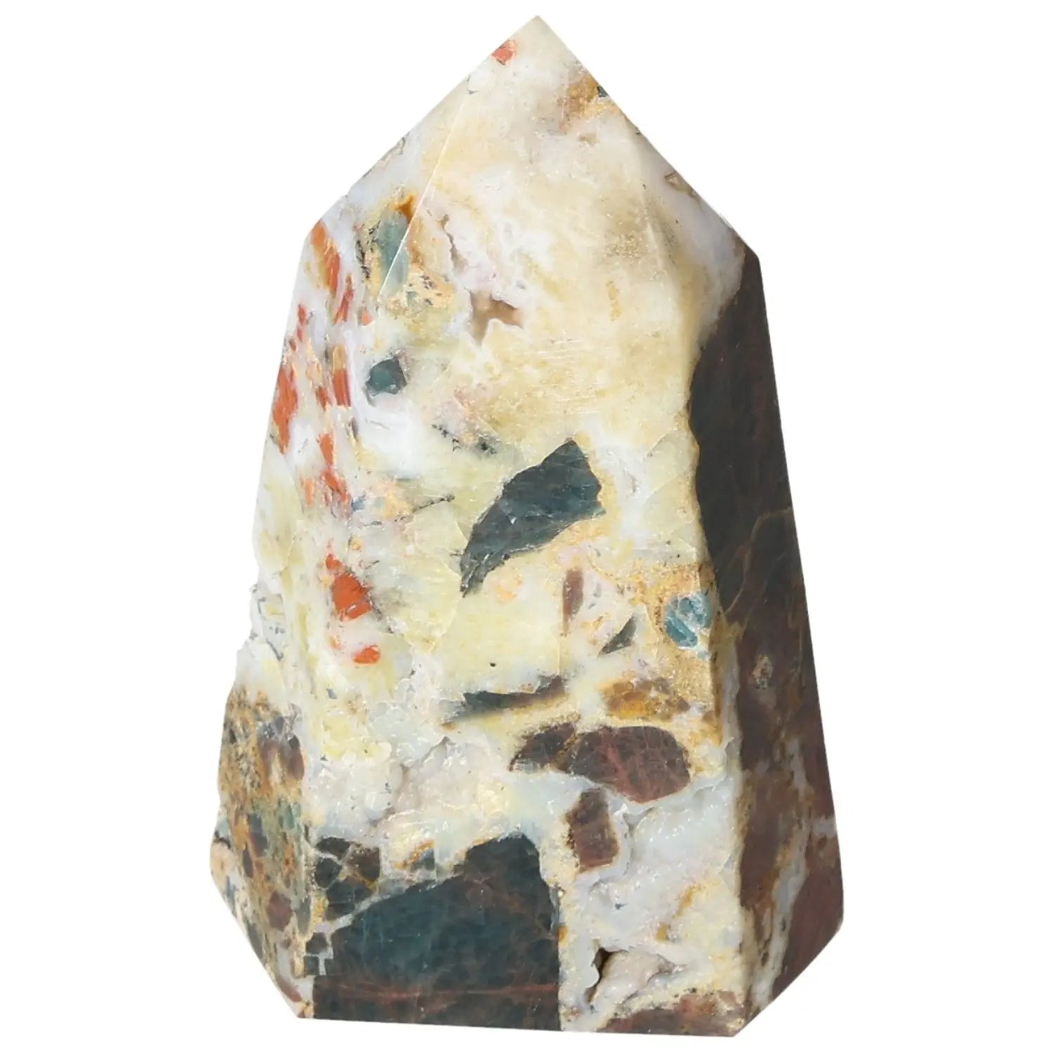 Polychrome Jasper Obelisk with natural earthy tones and intricate patterns from Sylvia Crystals, ideal for harmony and decor elegance.