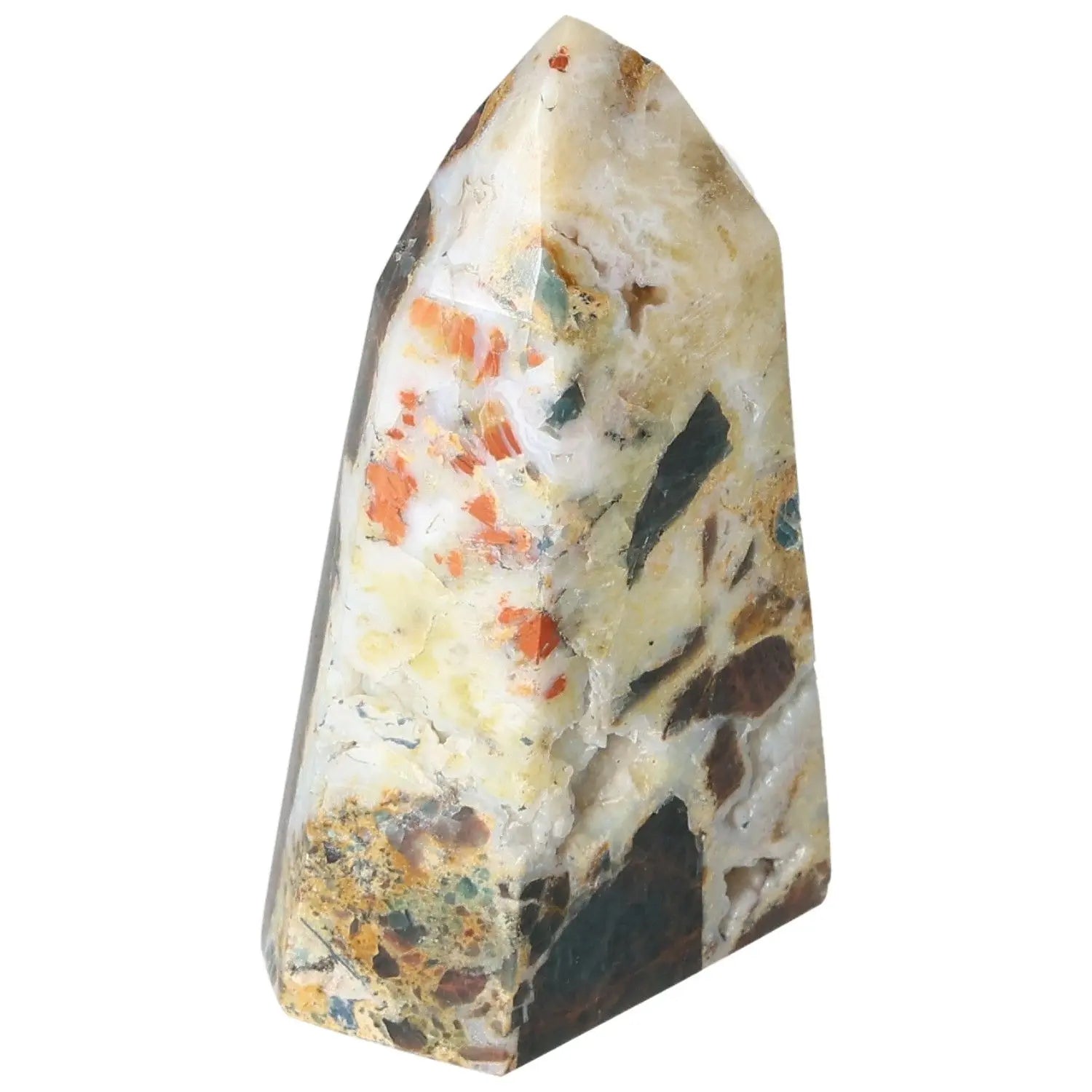 Colorful stone obelisk with a polished surface, showcasing vibrant patterns and hues for decorative or spiritual use.