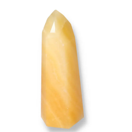 Elegant Mexican Calcite Obelisk by Sylvia Crystals, known for enhancing self-confidence and motivation, perfect for personal growth.