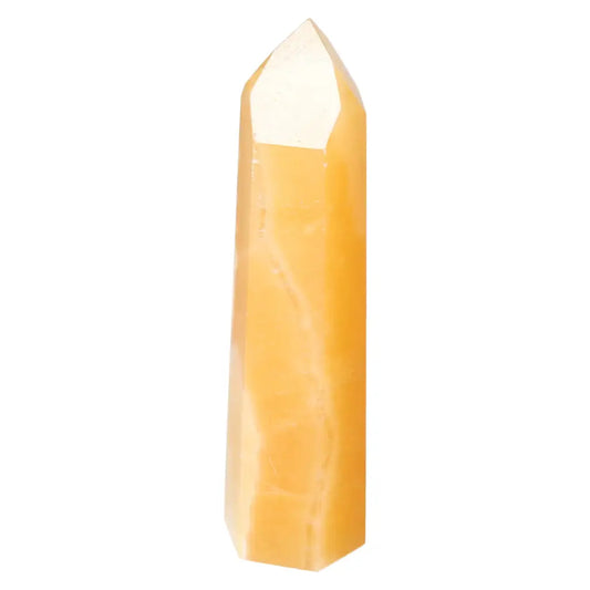 Mexican Calcite Obelisk from Sylvia Crystals showcasing its natural beauty and quality, perfect for enhancing self-confidence and personal growth.