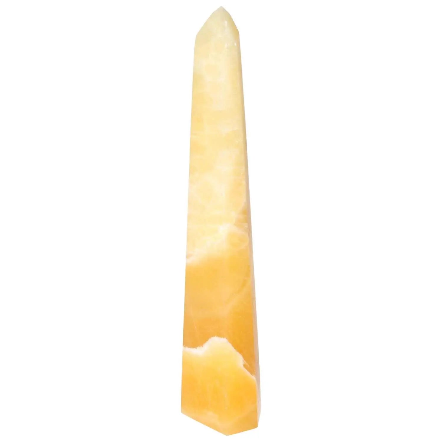 Mexican Calcite Obelisk by Sylvia Crystals, promoting luxury and personal growth. Ideal for boosting self-confidence and achieving goals.