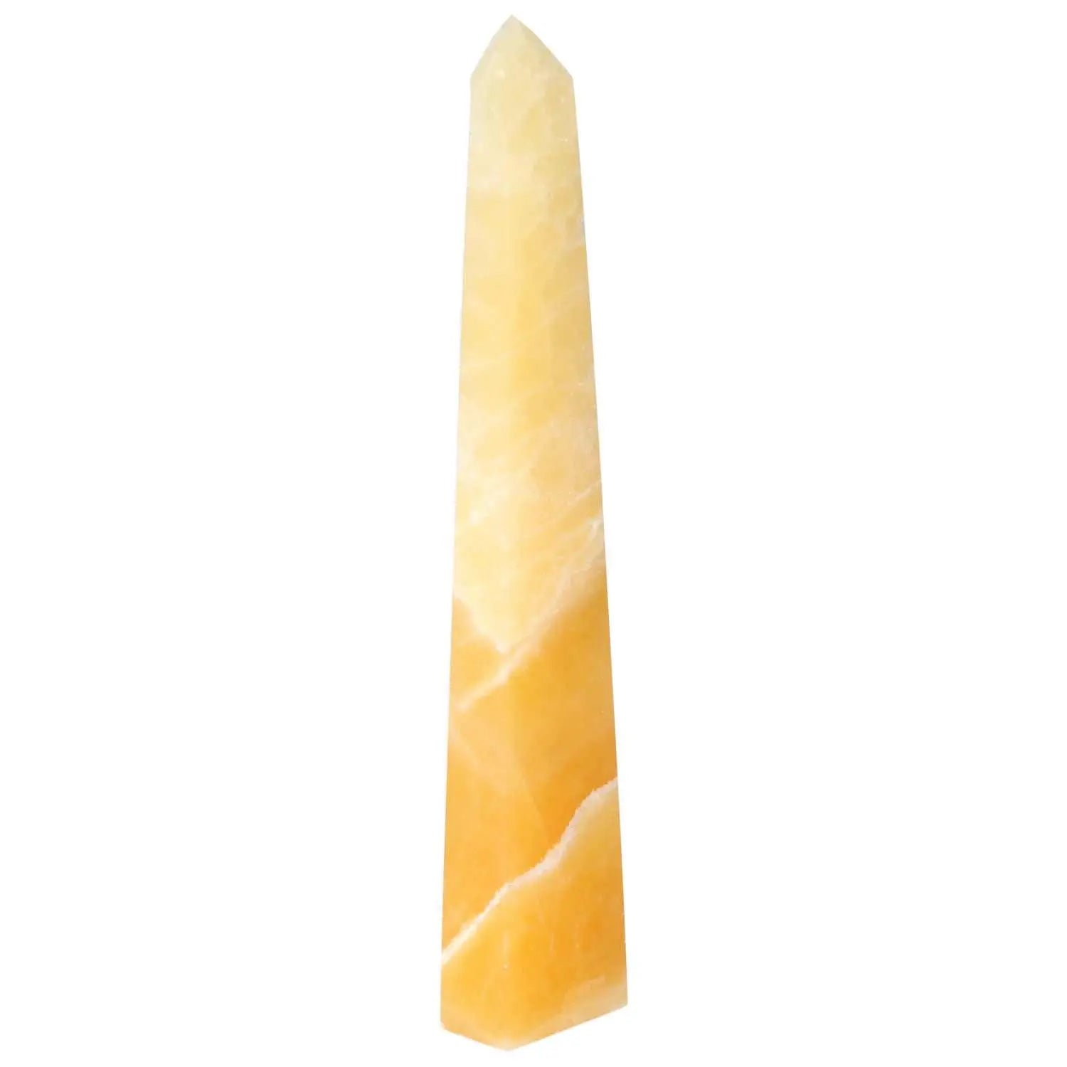 Elegant Mexican Calcite Obelisk from Sylvia Crystals, boosts self-confidence and aids in personal growth, luxury crystal home decor.
