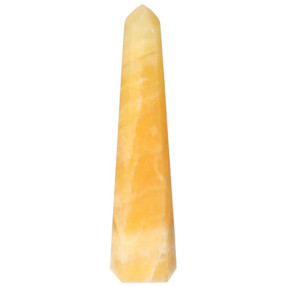 Elegant Mexican Calcite Obelisk from Sylvia Crystals, enhances self-confidence and motivation, premium handcrafted crystal decor.