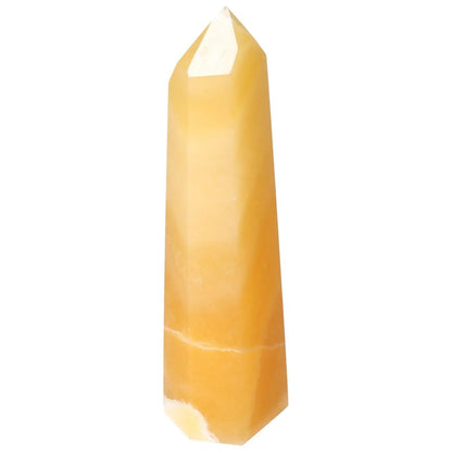 Elegant Mexican Calcite Obelisk from Sylvia Crystals, enhances energy flow and boosts concentration, perfect for home decor and motivation.