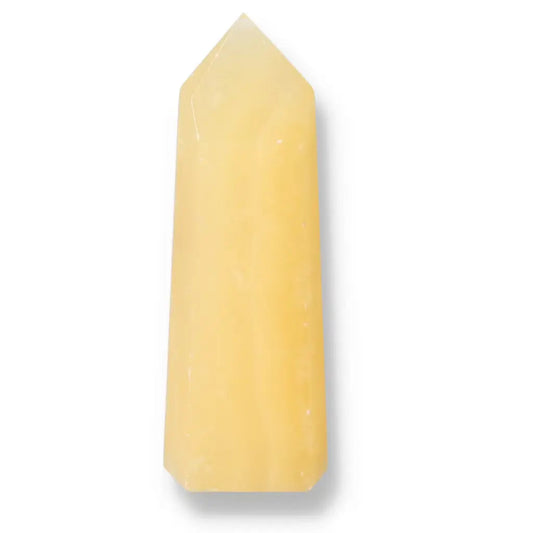 Elegant Mexican Calcite Obelisk crystal from Sylvia Crystals, promoting self-confidence and motivation with its luxury and spiritual appeal.