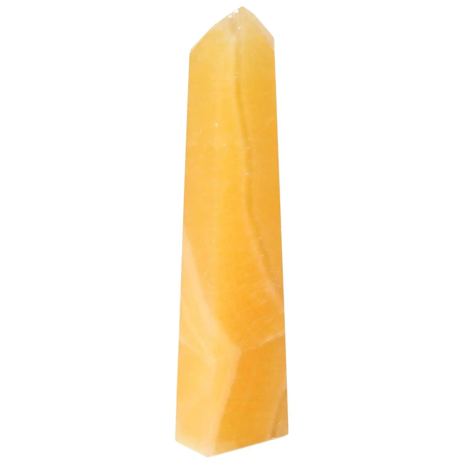 Mexican Calcite Obelisk by Sylvia Crystals, renowned for enhancing self-confidence and goal achievement with exceptional craftsmanship.