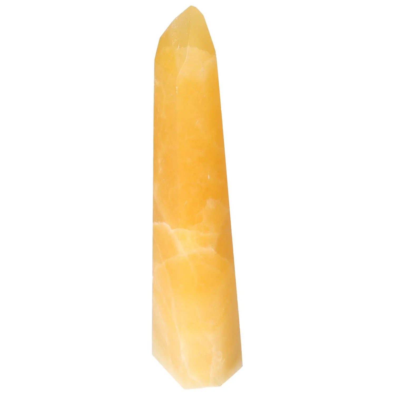 Mexican Calcite Obelisk from Sylvia Crystals, premium decor and personal enhancement tool, yellow crystalline sculpture enhancing confidence.
