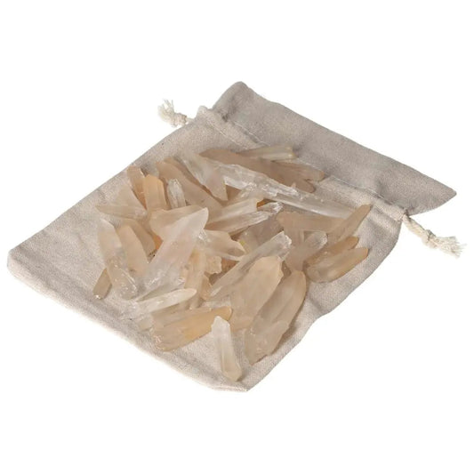 Yellow Lemurian crystals in a cloth bag, showcasing Sylvia Crystals' handcrafted quality and spiritual luxury, 0.5KG, 50 pieces.