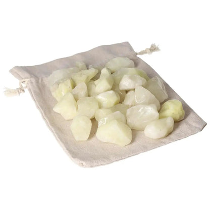 Tumbled sulphur stones in a drawstring pouch, part of the Sylvia Crystals collection, showcasing vibrant yellow hues.