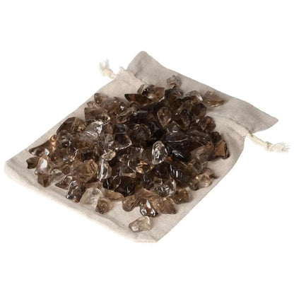 Bag of tumbled smoky quartz stones for grounding and decision-making, ideal for practical thinkers and businessmen.