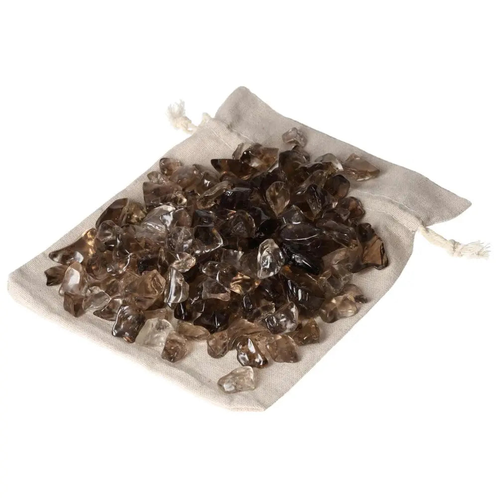 Bag of tumbled smoky quartz crystals, known for grounding properties and aiding decision-making, ideal for professional use.