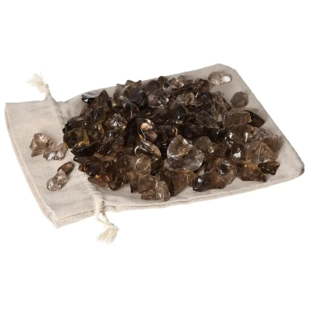 Tumbled Smoky Quartz Stones on a Cloth Bag, Perfect for Grounding and Enhancing Practical Thinking