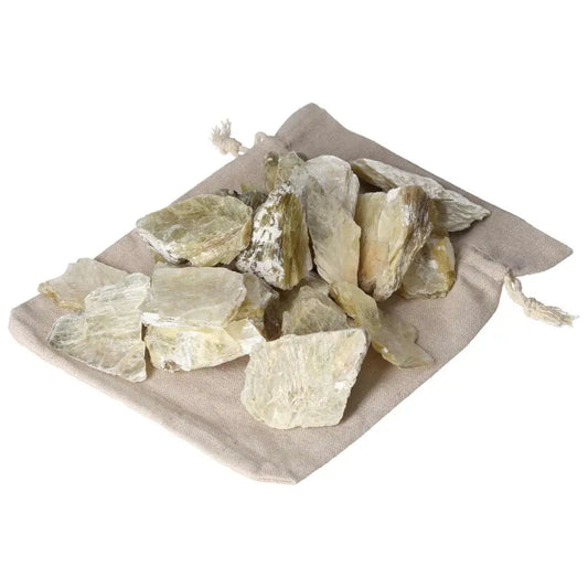 Rough Yellow Mica 1KG 20PCS on a cloth bag, showcasing golden hues and premium quality from Sylvia Crystals for decor or spiritual use.