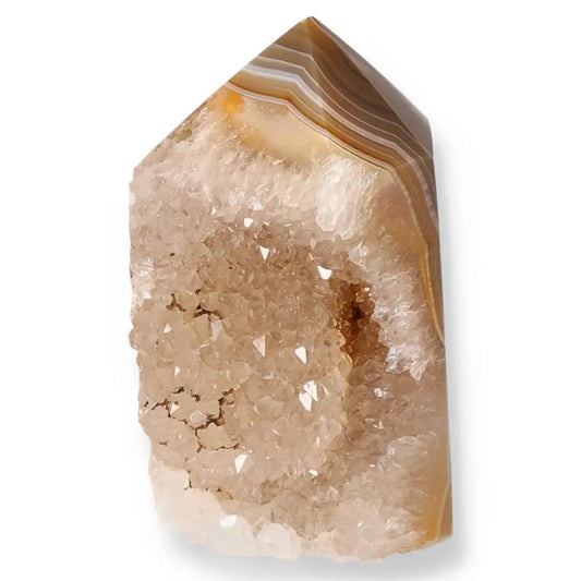 Agate Geode Point with natural crystal formations showcasing elegant patterns, promoting inner calm and emotional balance.