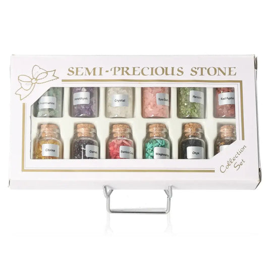Mini Crystal Discovery Kit packaging containing assorted semi-precious stones in small labeled glass bottles.