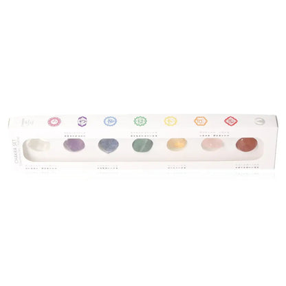 Set of colorful chakra stones in a white package, each representing a different chakra for spiritual and healing purposes.