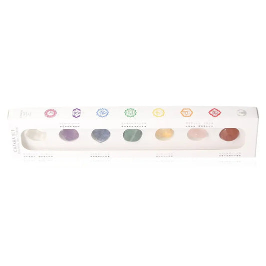 Set of colorful chakra stones in a white package, each representing a different chakra for spiritual and healing purposes.