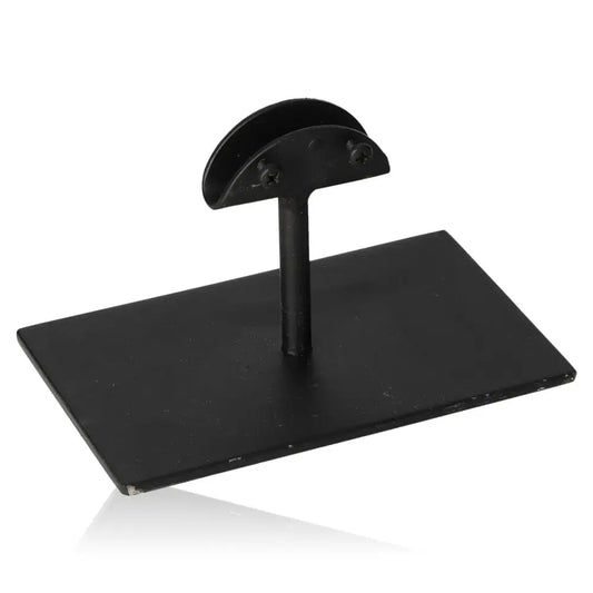 Black metal base for stones with a rectangular flat surface and a vertical support, ideal for secure stone placement and display.