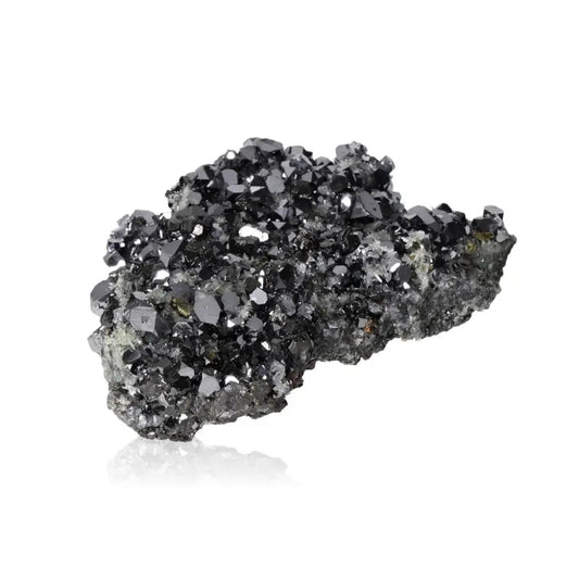Galena with Sphalerite and Quartz crystal by Sylvia Crystals, a symbol of transformation and balance, on a white background.