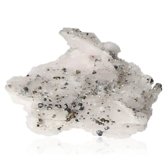 Quartz with pyrite crystals, showcasing a metallic luster and golden hue, known as "Fool's Gold," symbolizing wealth and prosperity.