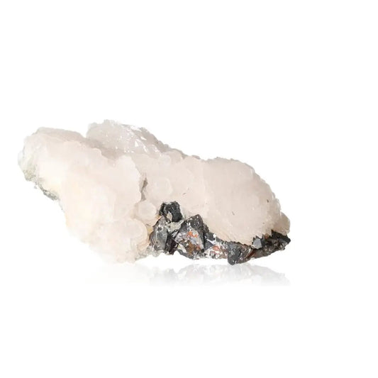 Quartz crystal with pure clarity and sparkle, highlighting its ability to balance and focus, on a white background.