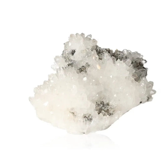 Quartz cluster with pyrite and calcite, showcasing radiant golden and metallic hues, symbolizing abundance and prosperity.