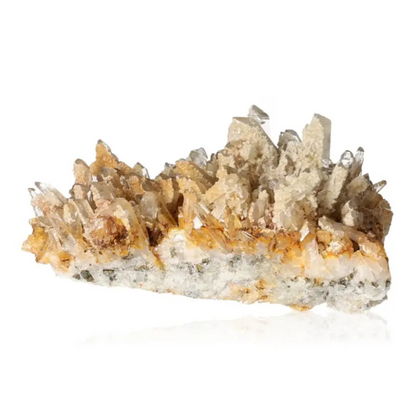 Lemonite with iron oxidation featuring quartz crystals known for amplifying energy, focus, and balance in spiritual practices.
