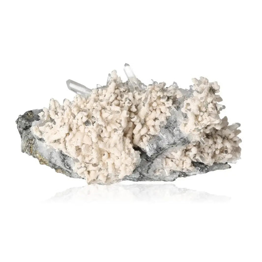 Quartz with Calcite crystal, featuring a unique clear and glass-like appearance, known for energy amplification and spiritual use.