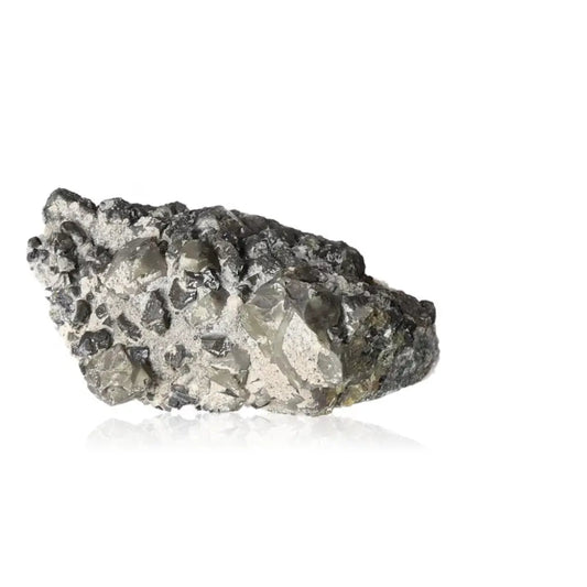 Galena stone for mindfulness, balance, and protection on white background.