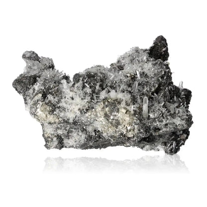 Galena with Quartz mineral specimen showcasing crystalline structure and reflective properties, radiant under light.
