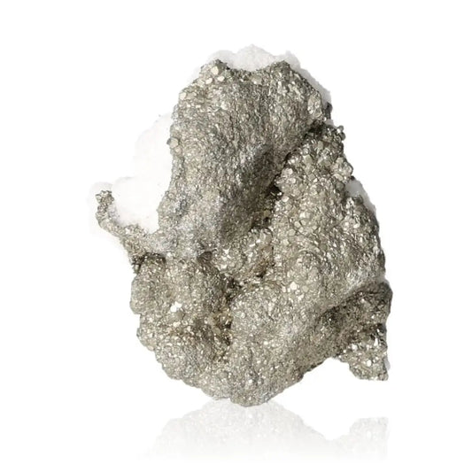 Pyrite on quartz mineral specimen with metallic luster, known as Fool's Gold, symbolizing abundance and prosperity.
