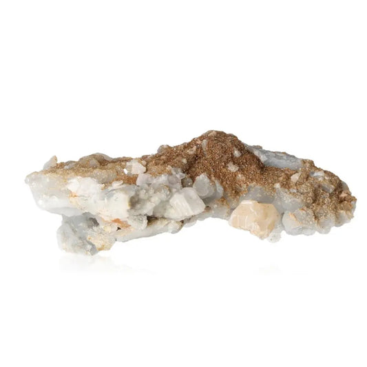 Quartz with iron oxide (Lemonite) crystal for spiritual balance and enlightenment on white background.